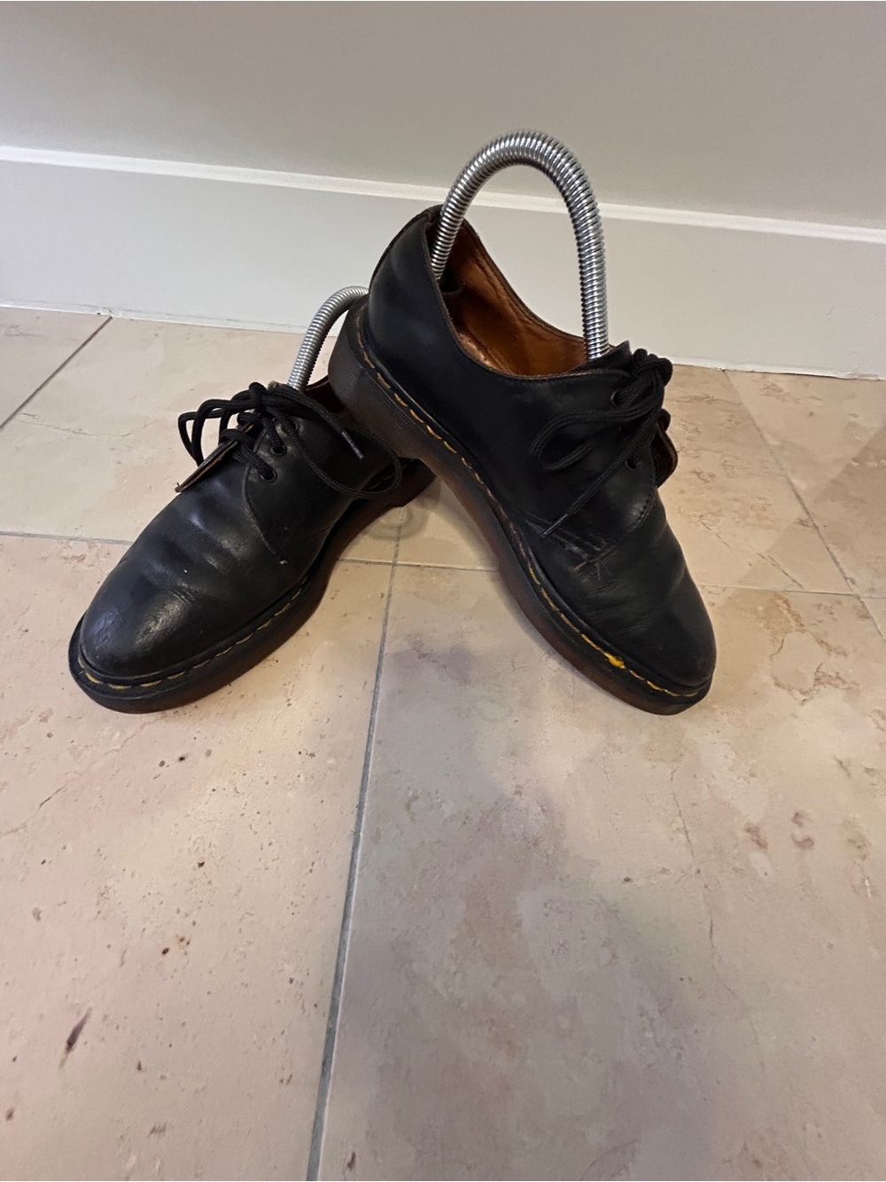 Dr. Martens Women’s Size 8? Black Leather 3-Eye Derby Shoes Yellow Stitch VTG